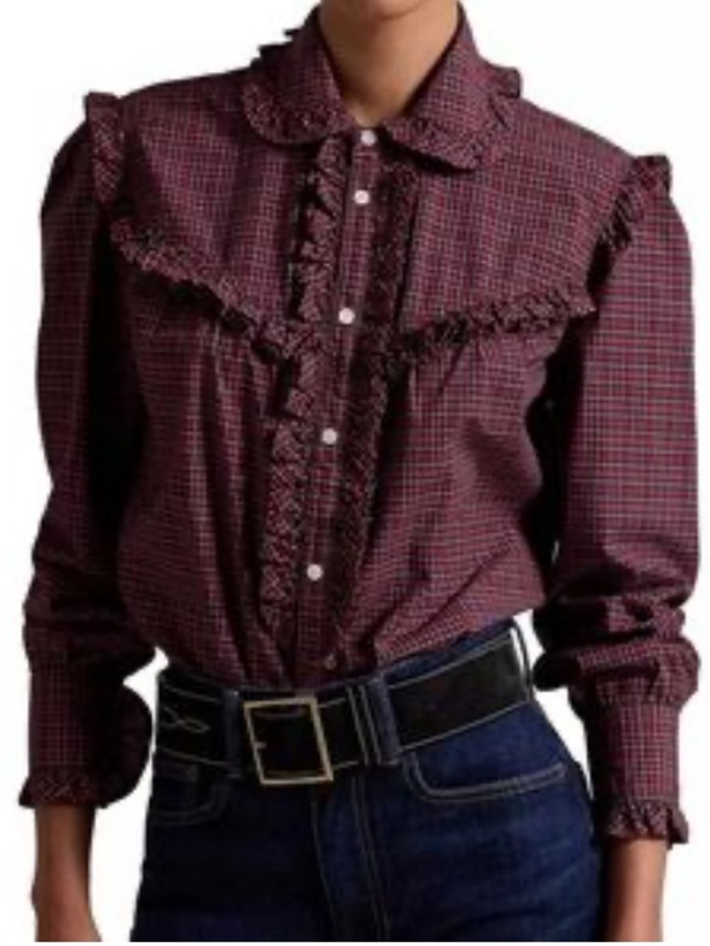 NWT Polo Ralph Lauren Ruffle-Trim plaid Blouse Button-Up Shirt Red